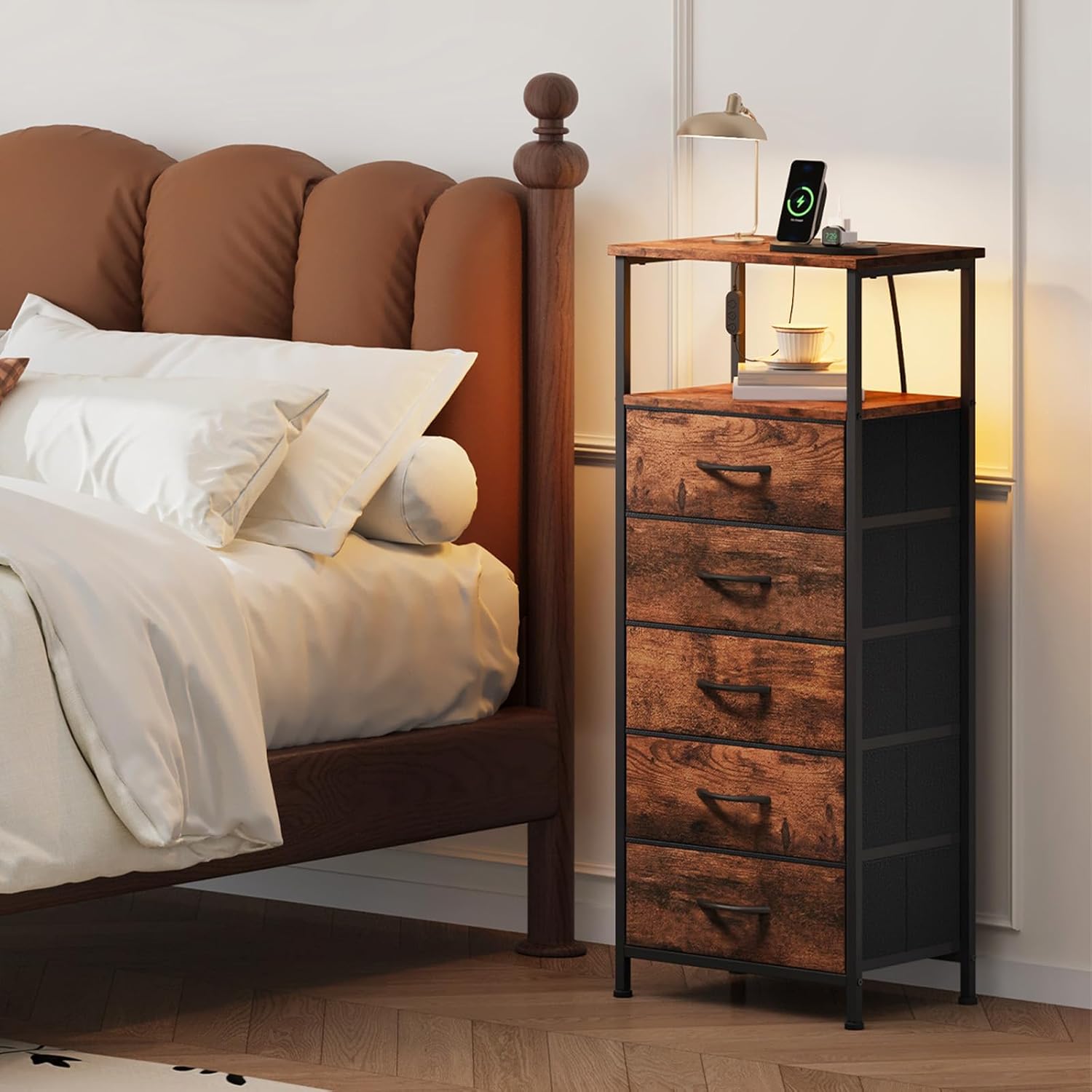 Somdot Tall Nightstand with Charging Station and LED Light for Bedroom, 5 Drawers Dresser with Fabric Bins for Bedside Kids Dorm Room Closet Laundry Entryway, Wood Grain Print - Image 2