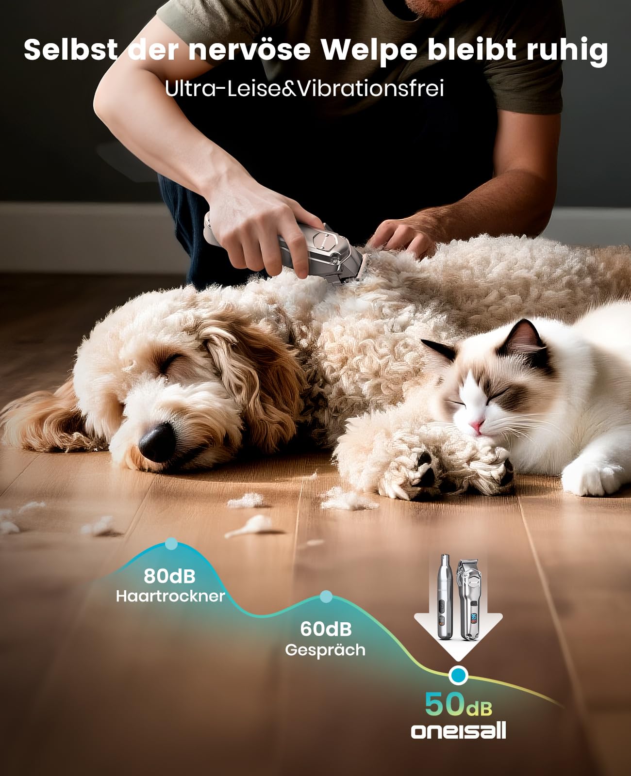 oneisall 4 in 1 Hundeschermaschine dickes/dichtes Fell, Leise Profi Schermaschine/Pfotentrimmer/Nagelschleifer für kleine und große Hunde Katzen, 4h Akku