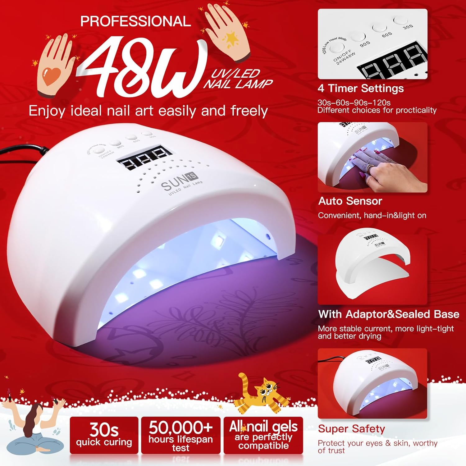 RSTYLE Kit Semipermanente Unghie con Lampada 48W UV/LED, 10 PCS Kit Smalto Semipermanente Unghie Set Semipermanente Unghie Completo Kit Unghie Semipermanente Completo Professionale Natale Rosso Colori1-Rosso - Immagine 4