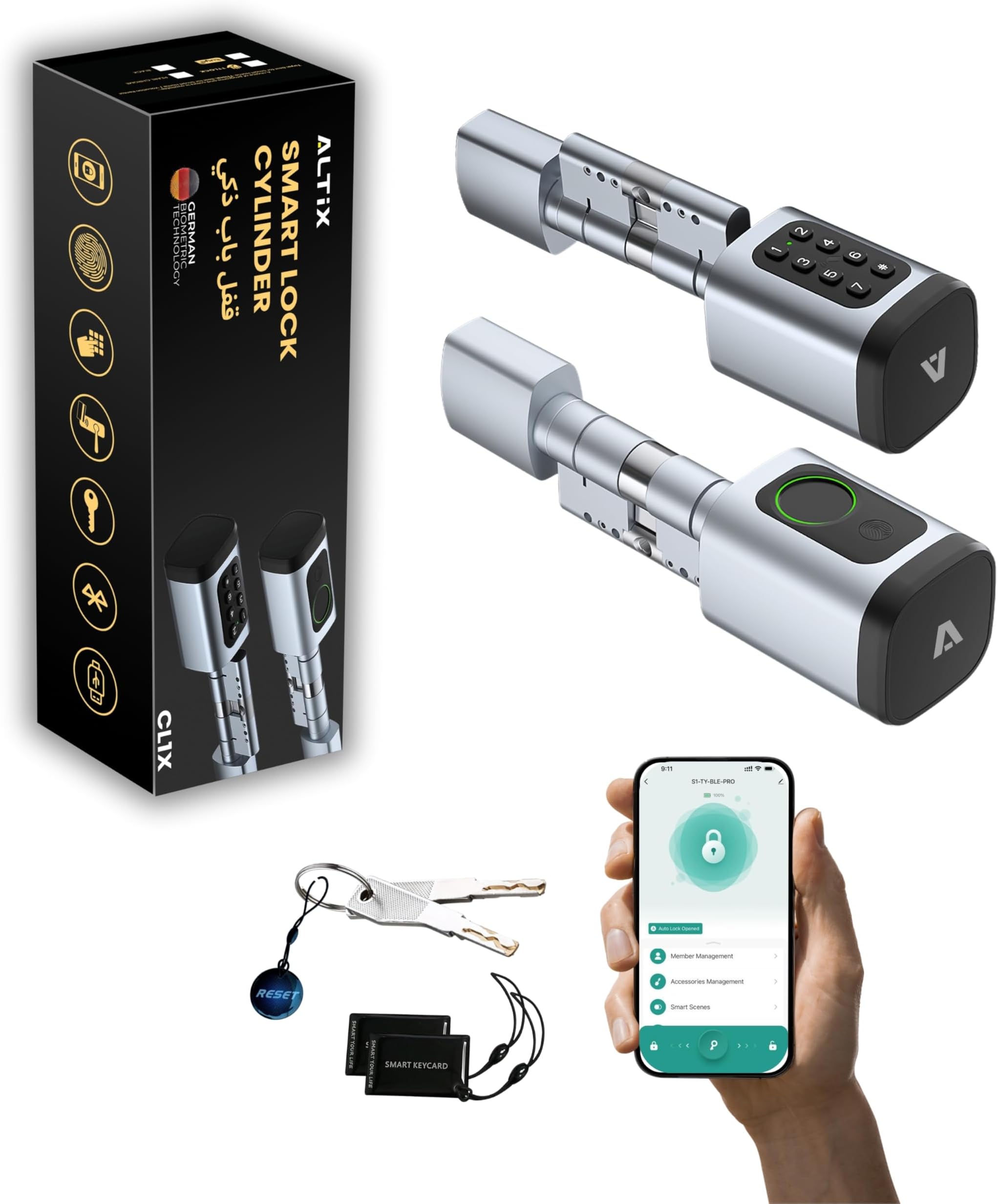 CL1X Tuya Cylinder Smart Door Lock, Keyless Entry with Fingerprint, Passcode, RFID & App Control, Retrofit Smart Lock, Easy DIY Installation, Adjustable 60–90mm, for Home, Office & Airbnb