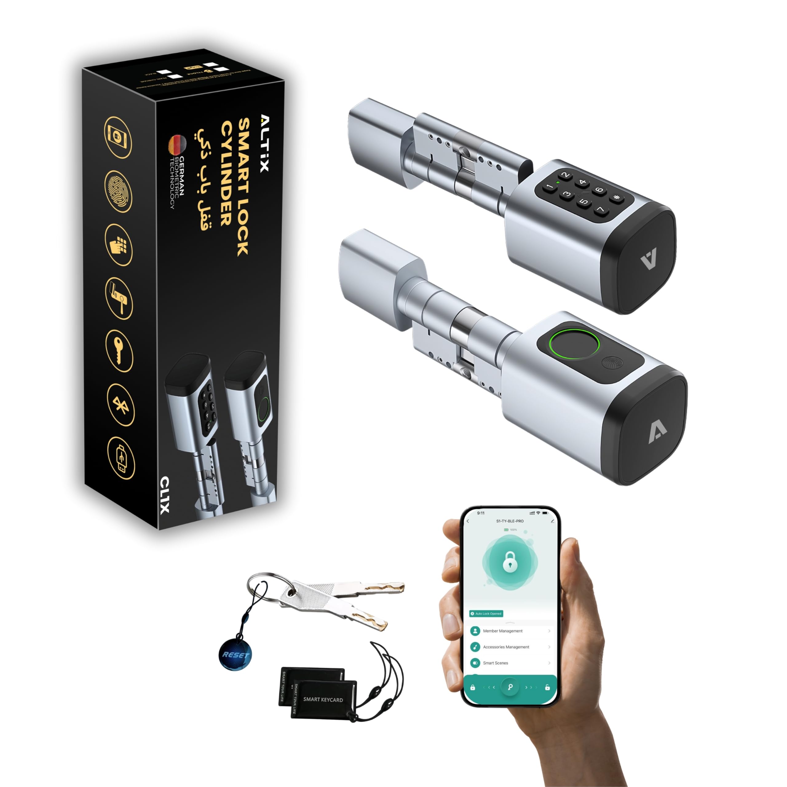 CL1X TUYA Smart Door Lock Keyless | Fingerprint & Passcode | Bluetooth | Keycard & Key | DIY Install | Suitable for Home, Office | Highly Secure | Adjustable Length 60-90mm | Pearl Chrome NEW