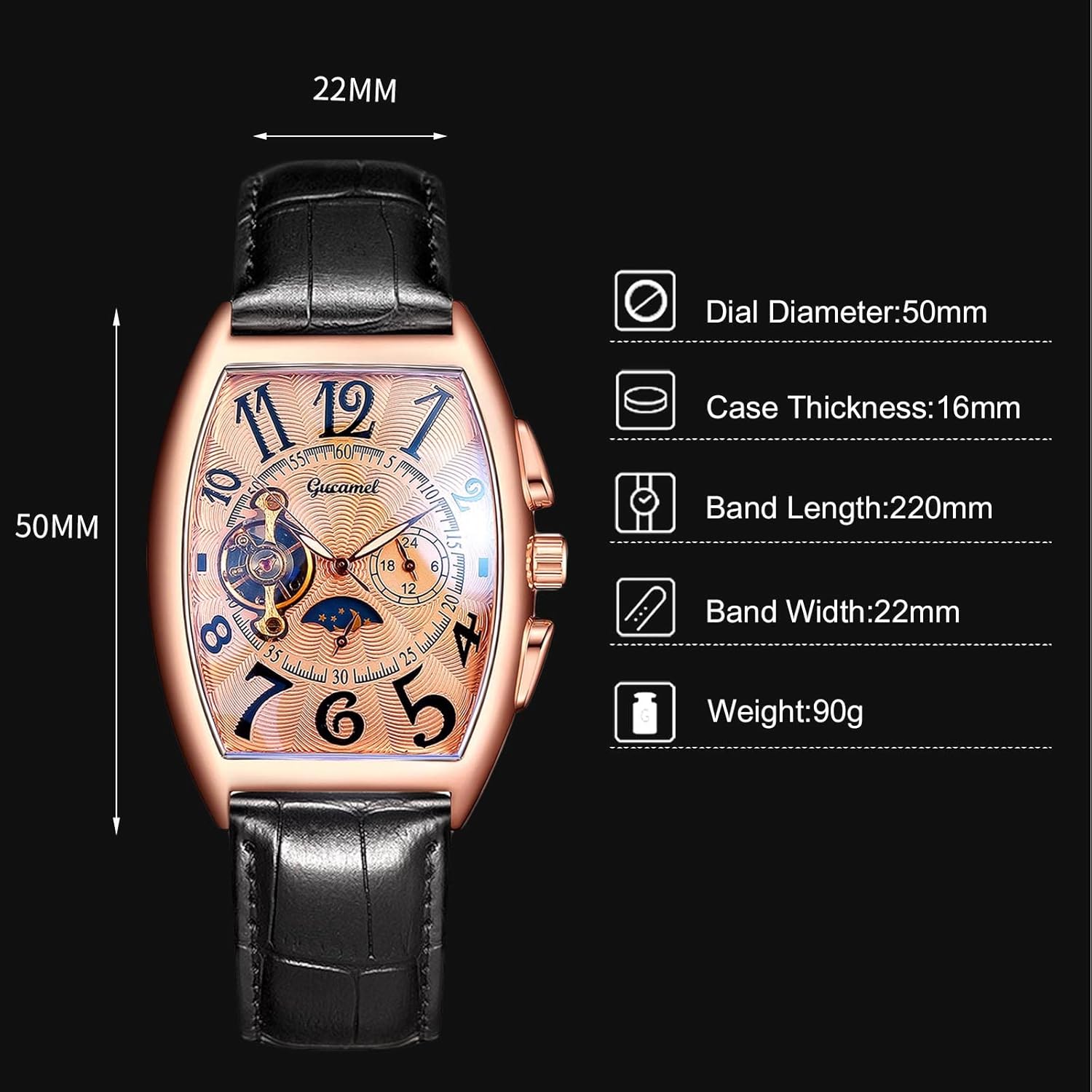 Miniatura 6 de RORIOS Reloj mecánico automático para hombre con correa de cuero, reloj Tourbillon, esfera de esqueleto, relojes de pulsera para hombre
