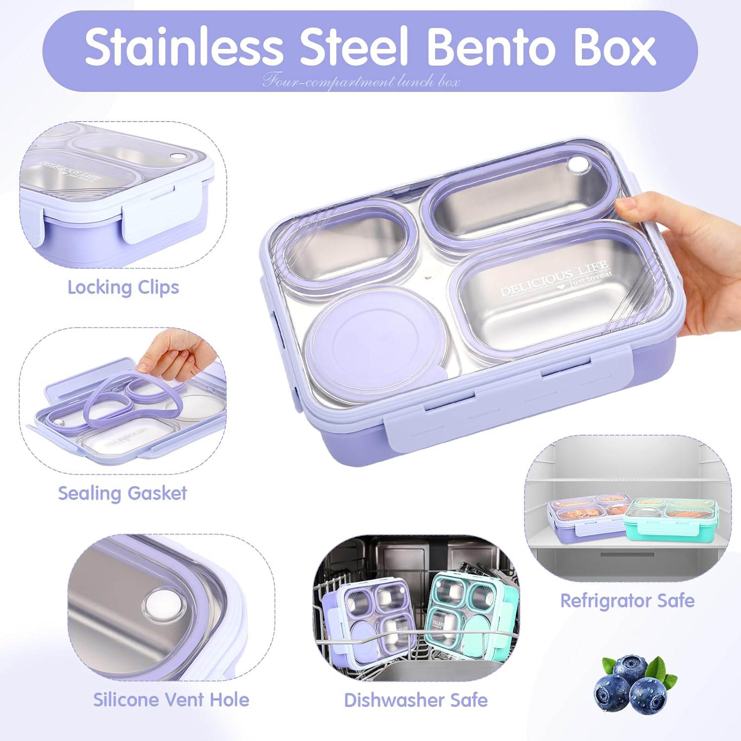 LemonRoad 2 Pcs Large Stainless Steel Adults Bento Box 36 oz Leak-resistant Lunch Box Containers Snack Containers 4-compartment Snack Tray Soup Bowl with Lid Spoon Chopsticks Dishwasher Safe