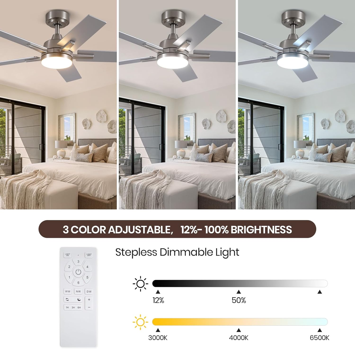 Ceiling Fans with Lights, 42 inch Nickel Ceiling Fan with Light and Remote Control, Reversible, 3CCT, Dimmable, Noiseless, Small Ceiling Fan for Bedroom, Indoor/Outdoor Use