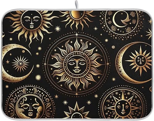 Vnurnrn Golden Sun Moon Star - Tapete de secado de platos para encimera de cocina, tapete escurridor de platos de microfibra, absorbente de secado