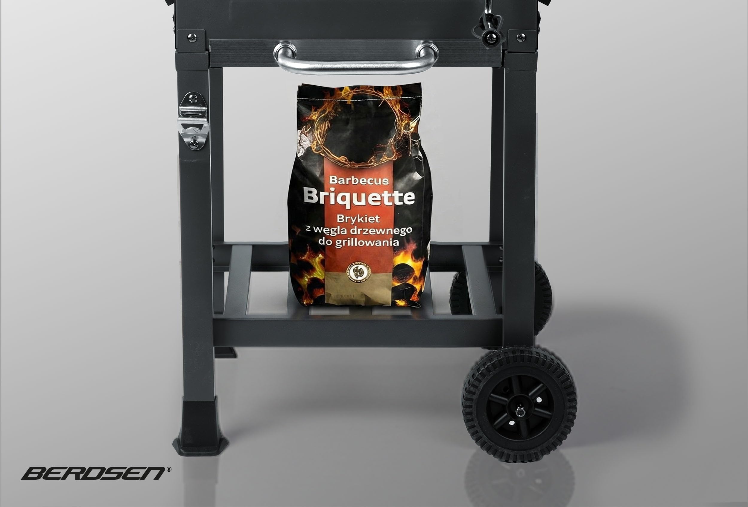Berdsen BBQChef - Barbecue a carbonella con camino e griglia in ghisa, 40 x 31,5 cm, vassoio per carbone, termometro, portacenere e ripiano, griglia su ruote, antracite