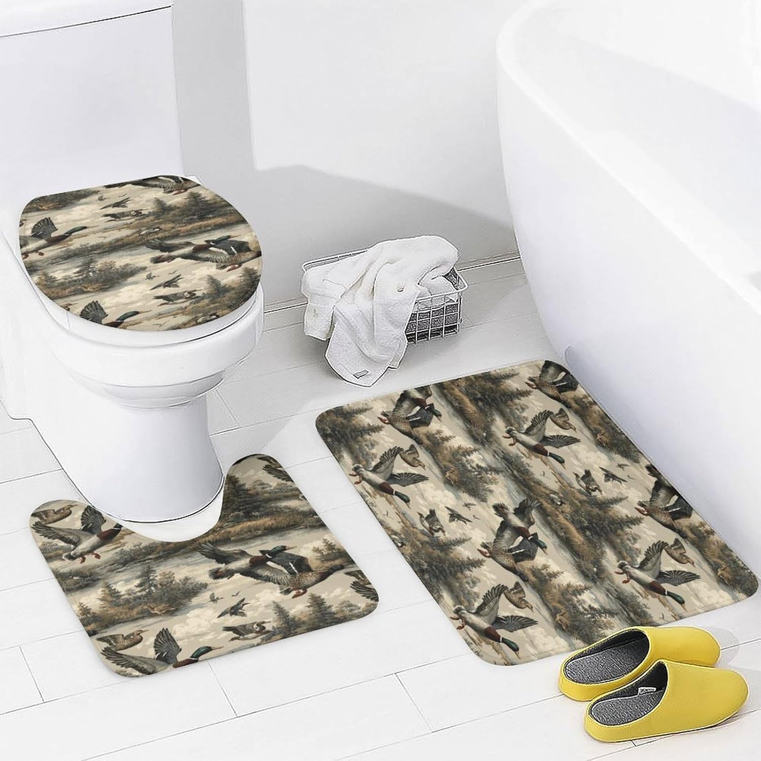 4PCS Shower Curtain with Bathroom Sets and Rugs Decor Duck Hunter Camouflage Shower Curtain Sets with Non-Slip Rug Toilet Lid Cover U-Shaped Mat with Hooks 72"x72"