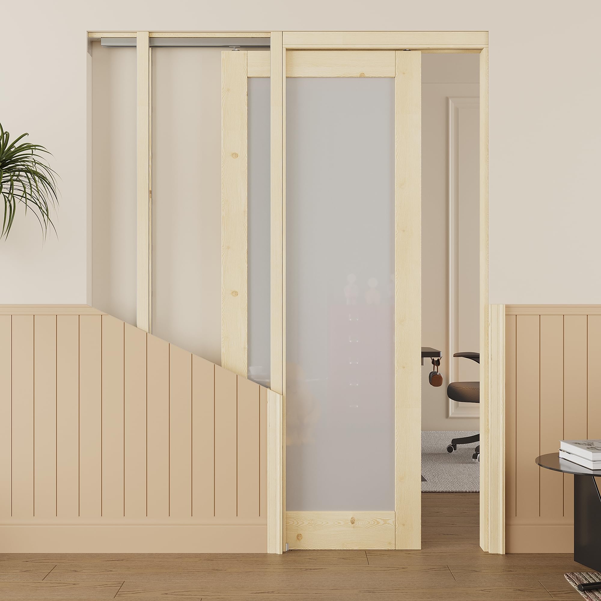 30x80 Sliding Pocket Door,1 Lite Pine Frosted Glass Doors,Hidden Doors