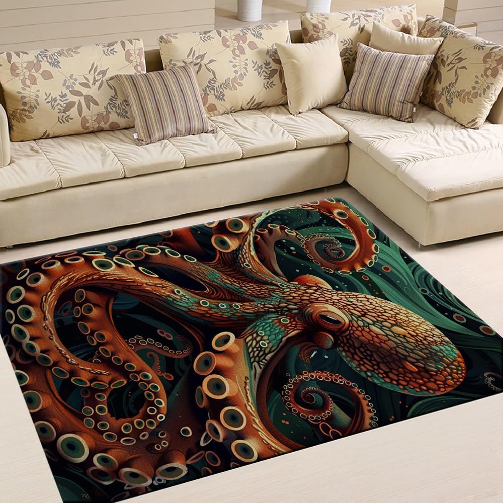 Octopus Rug Runner - Big Red Nautical Area Rug for Bathroom, Living Room, Outdoor - Vintage Pattern Bath Rug 5x8 Soft