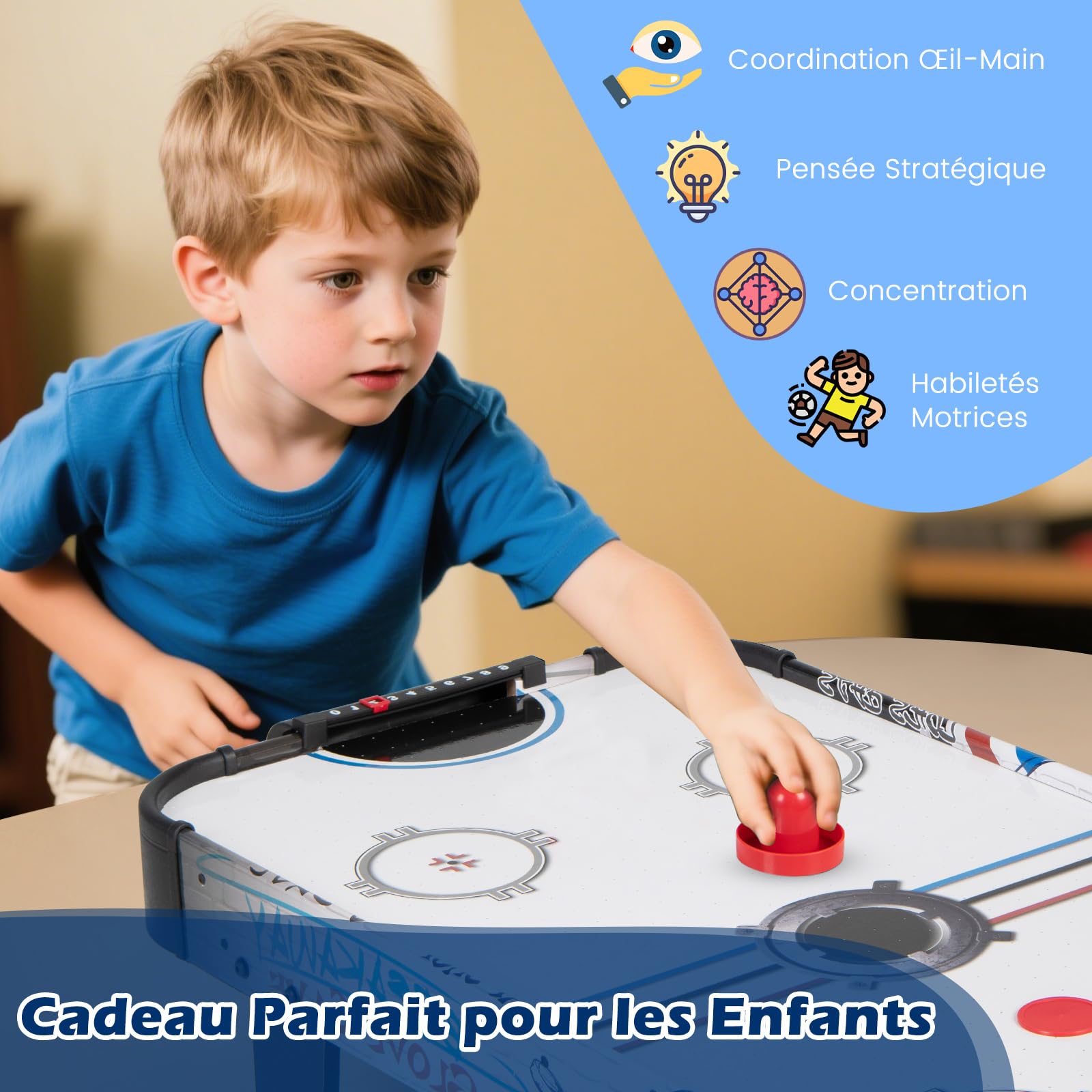 COSTWAY Table de Hockey à Air avec Marqueur Électronique LED & Ventilateur 12V, Table de Jeu Compact avec 2 Palets & 2 Poussoirs, Air Hockey pour Adultes et Enfants