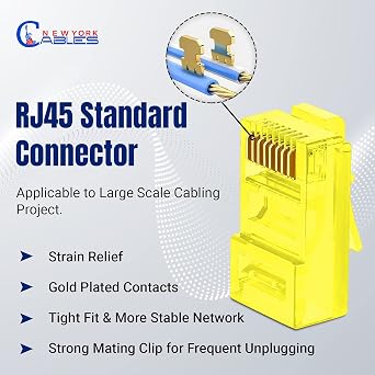 Cat6 RJ45 Connector Ends (50 Pack) Unshielded Gold-Plated Modular Plugs for Cat6/Cat5e Ethernet Cable | Crimp Connectors for Solid & Stranded UTP Network Cable (Yellow)