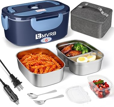 Electric Lunch Box for Adults - 80W Fast Heating, 12V/24V/110V, Dual Stainless Steel Containers, Portable for Car/Truck/Office/Outdoor blue