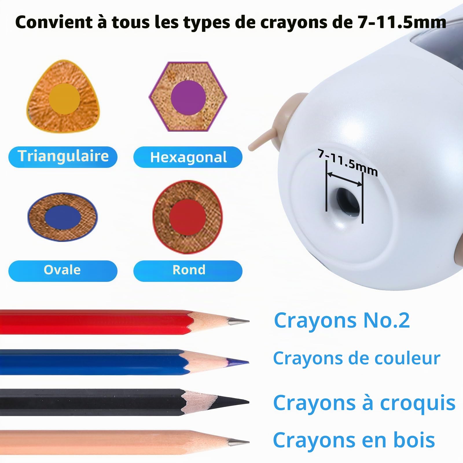 tenwin Taille-crayon électrique rechargeable entièrement automatique, adapté aux crayons de 7 à 11,5 mm ＆ crayons de couleur, portable et sûr pour les la maison, le bureau, l'école (Argent)
