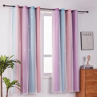 FANLIOmbre Rainbow Blackout Curtains for Kid Girls Bedroom Living Room Darking Stripe Double Layer Star Cut Out Wall Home Decor Gradient Grommet Window Curtains (Pink Purple, 52W x 63L)