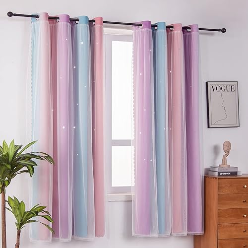 FANLI Ombre Rainbow Blackout Curtains for Kid Girls Bedroom Living Room Darking Stripe Double Layer Star Cut Out Wall Home Decor Gradient Grommet