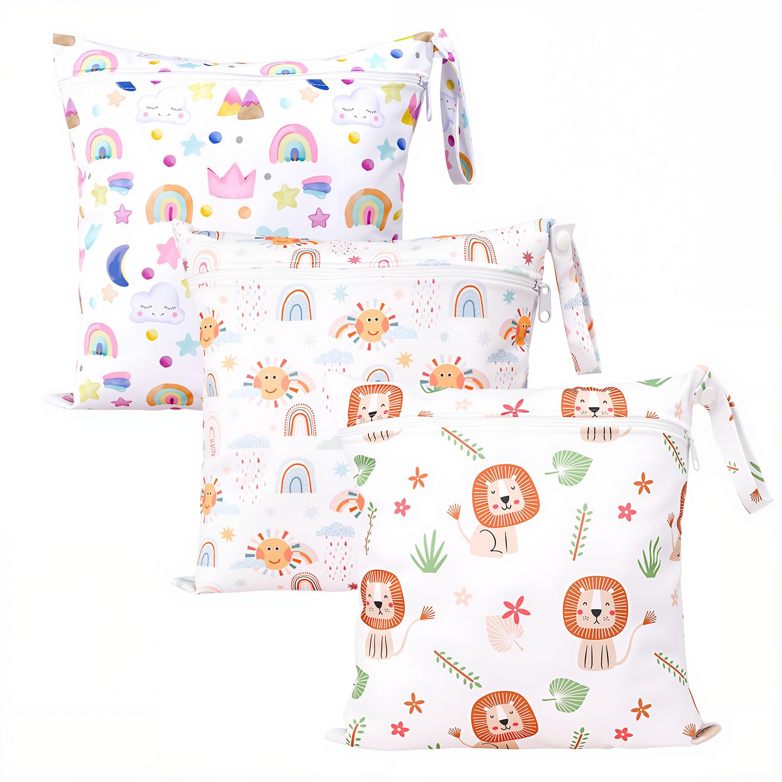 Kaisibum 3 Stück wasserdichte Windeltasche Stoffwindeln Nasstaschen Große Wickeltasche Wetbag Kindergarten Wet Dry Cloth Windeltasche mit Reißverschluss für Baby Reisen Unterwegs(Löwe+Regenbogen+Sonn)