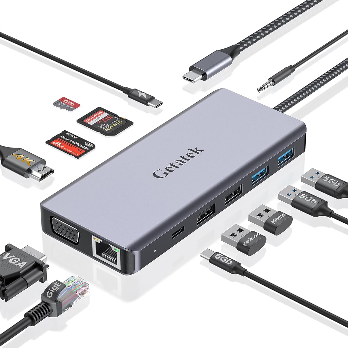 Getatek13-in-1 Docking Station with 4K HDMI,VGA,Ethernet,USB A 3.0 Data Port and USB C 5Gbps Port,100W PD Charging,SD/TF/MS Card Reader and 3.5MM Audior for MacBook, Acer, Laptops, Surface and More