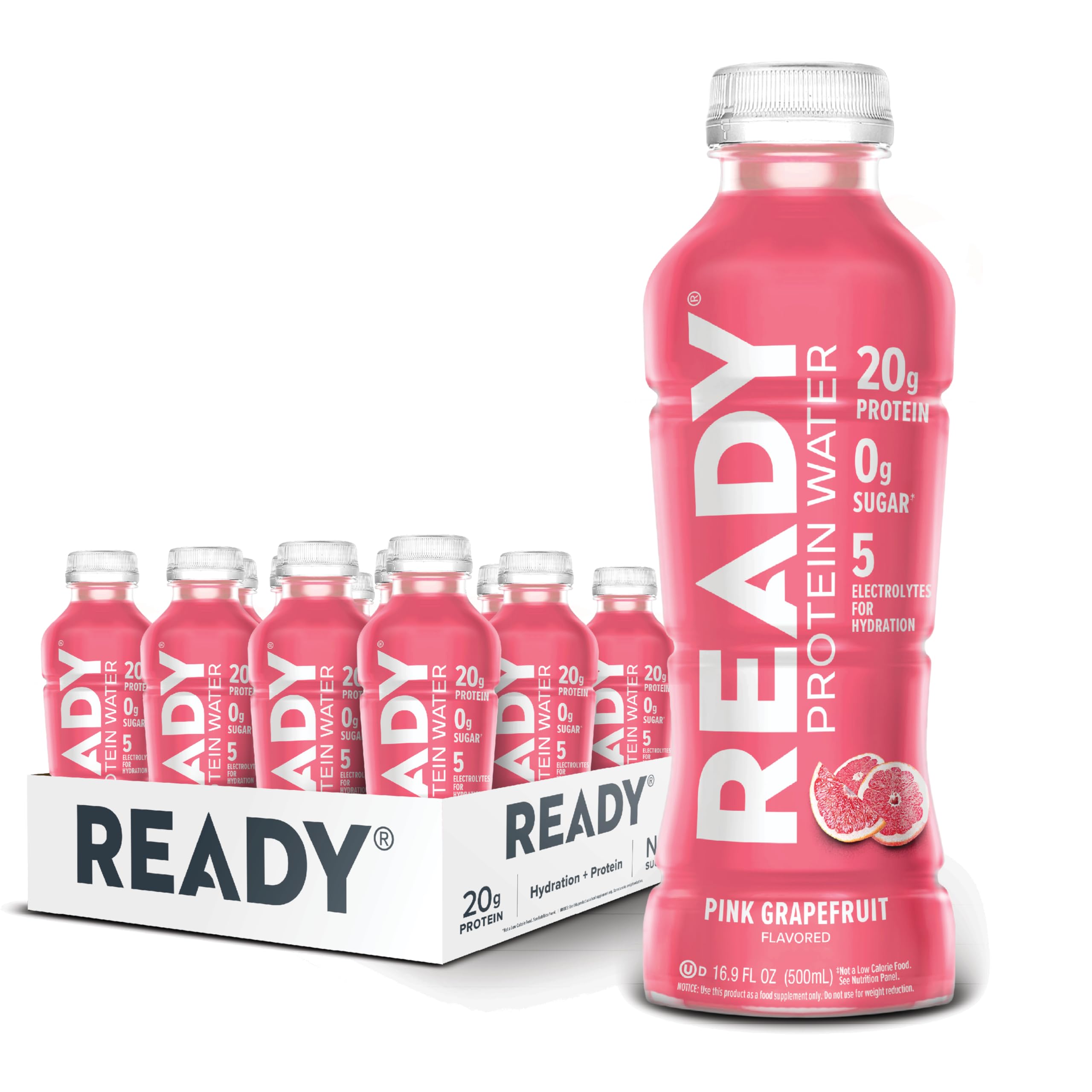 - Ready® Clear Protein Water – 20g Whey Protein Isolate, Zero Sugar, Low-Calorie Sports Drink for Hydration & Recovery – Electrolytes, Essential Amino Acids – Pink Grapefruit, 16.9 fl oz Bottles (12-Pack)