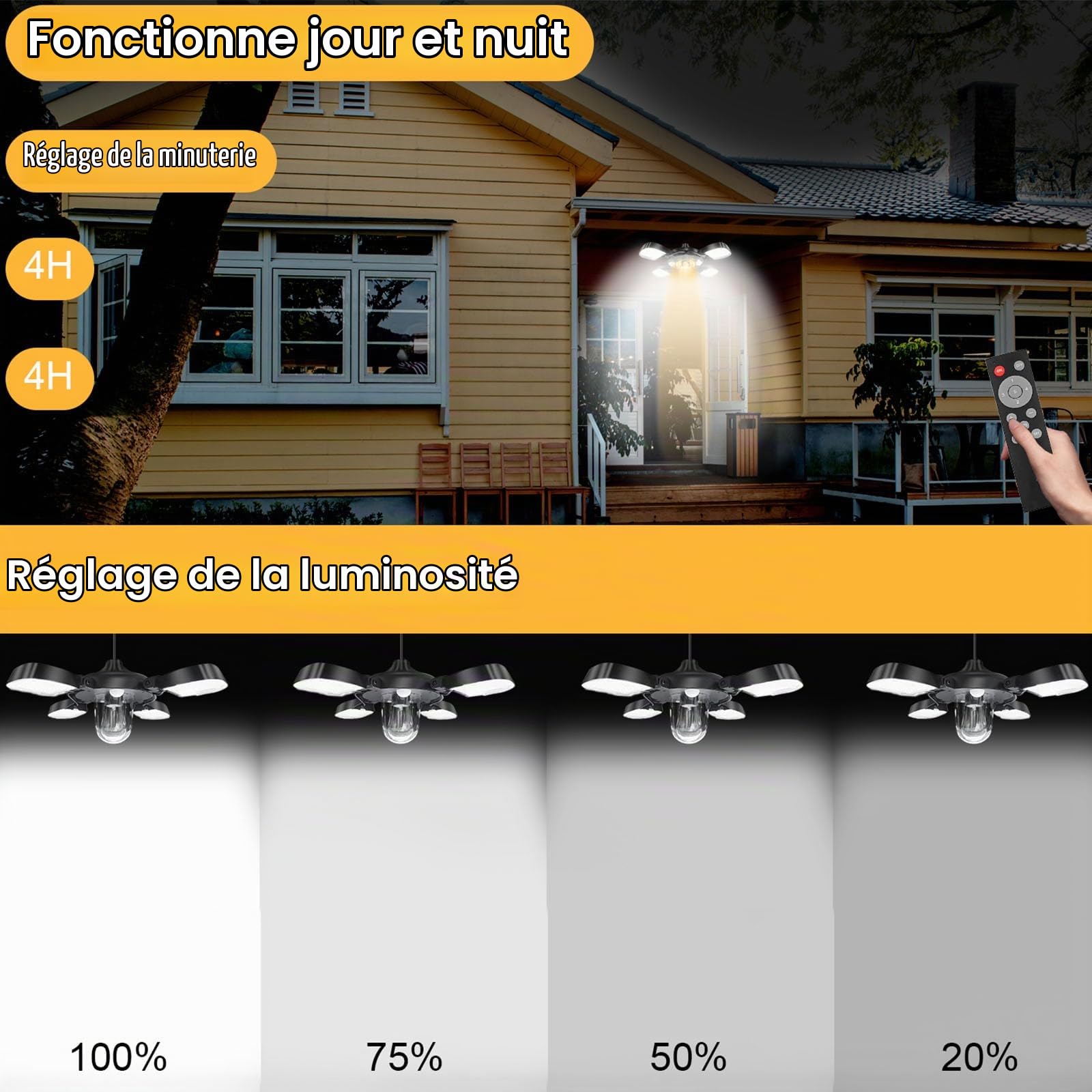 Lampe Solaire Extérieur Intérieur, Lampe Suspendue Solaire avec Detecteur de Mouvement, Ip65 Suspension Solaire avec Télécommande, 4400mah Batterie avec Câble 5m, pour Jardin Terrasse Balcon