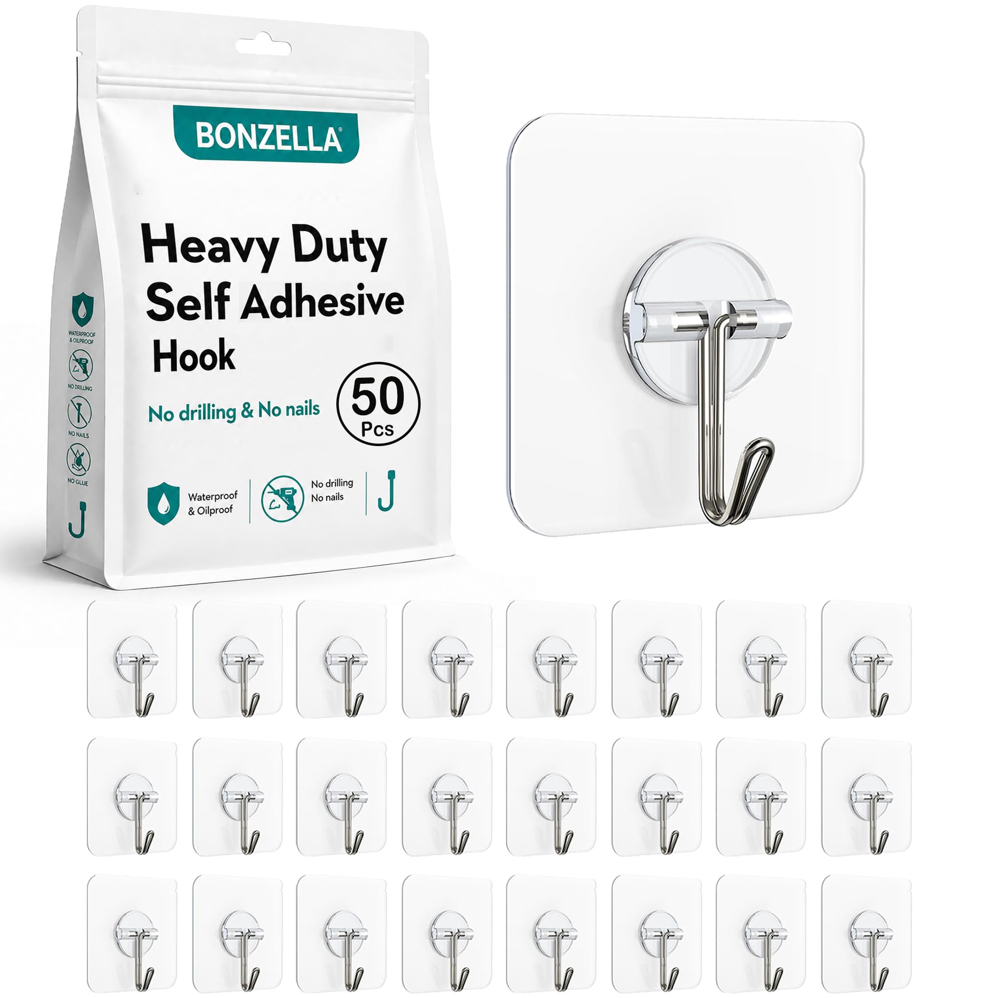 BONZELLA 50 Pcs Heavy Duty Self Adhesive Wall Hooks for Hanging, Stainless Steel Wall Hooks Sticker for Kitchen Bathroom & Home Use, Transparent Nail Free Sticky Wall Hook Without Drilling (50)