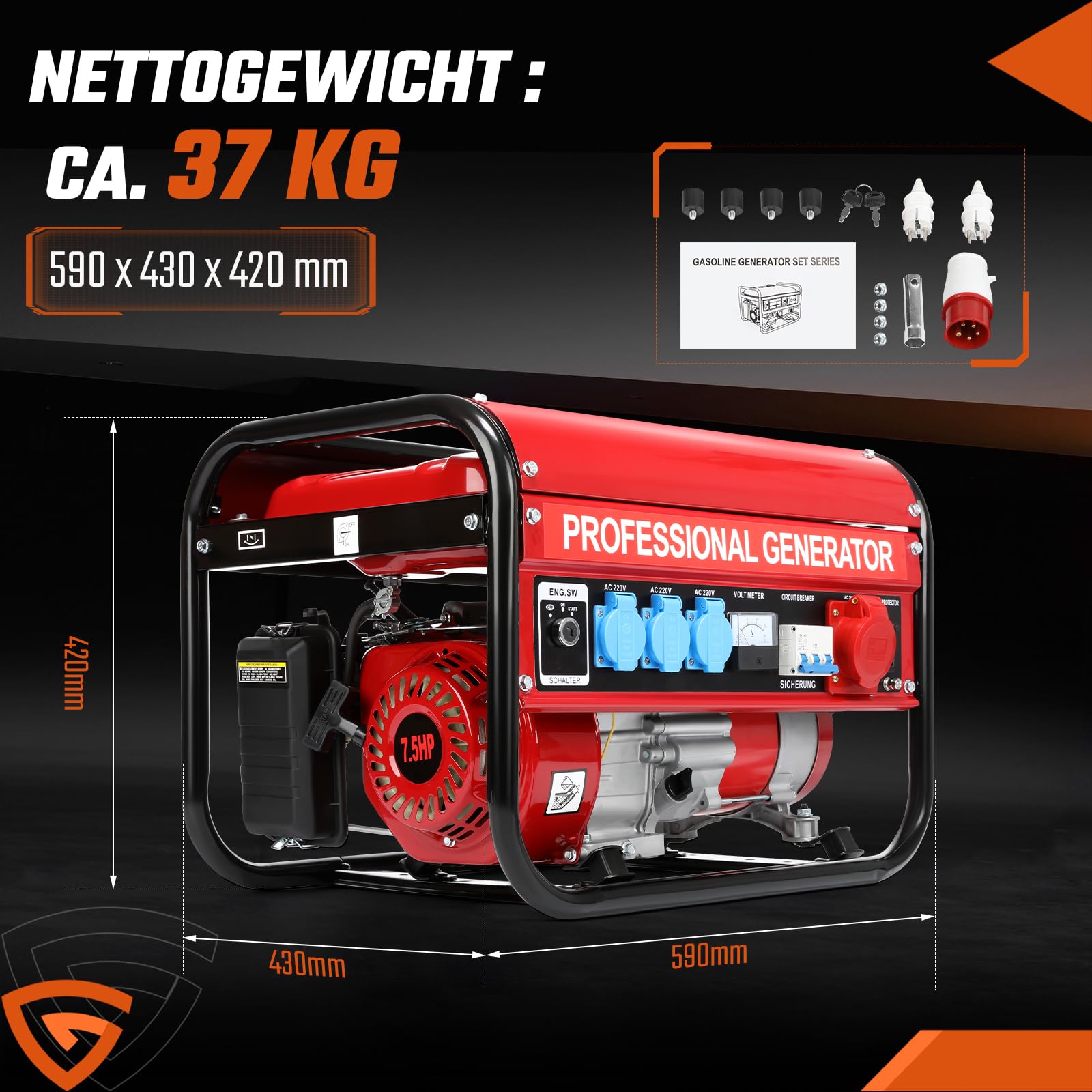 Benzin Notstromaggregat 6500W Max 3000W Dauerleistung, 7,5 PS Stromgenerator mit 4-Takt OHV-Motor AVR-Spannungsregelung 5 Steckdosen 3x 230V, 1x 400V und 1x 12V, für Baustelle, Werkstatt und Garage