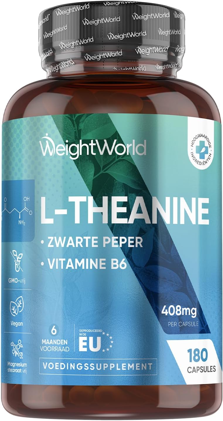 L-Theanine capsules – 408 mg – With Black Pepper and Vitamin B6-180 vegan capsules for 6 months supply – Amino acid from green tea – GMO-free and made in the EU – From WeightWorld