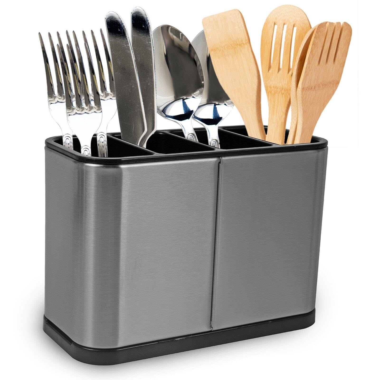 MantraRaj Kitchen Cutlery Holder Stainless Steel Utensil Holder Weighted Base for All Kitchens Countertop Or Table Flatware Organizer Utensil Crock Holder Caddy 4 Divider Drip Tray 18x13x8.6cm