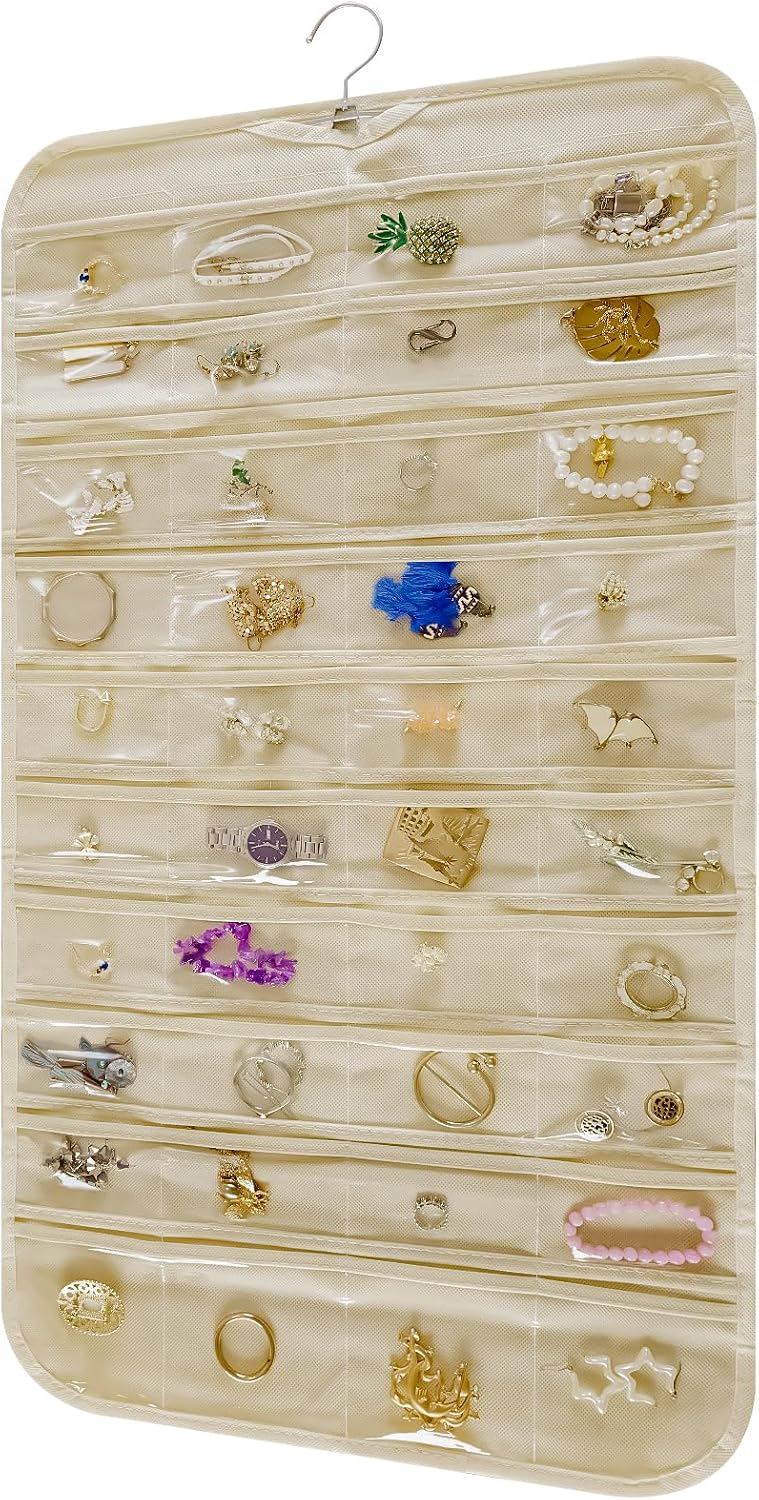 Hanging Jewelry Organizer Storage Roll with Hanger Metal Hooks Double-Sided Jewelry Holder for Necklaces, Earrings, Rings on Door, Wall, Closet, 80 Pocket Organizer,Beige