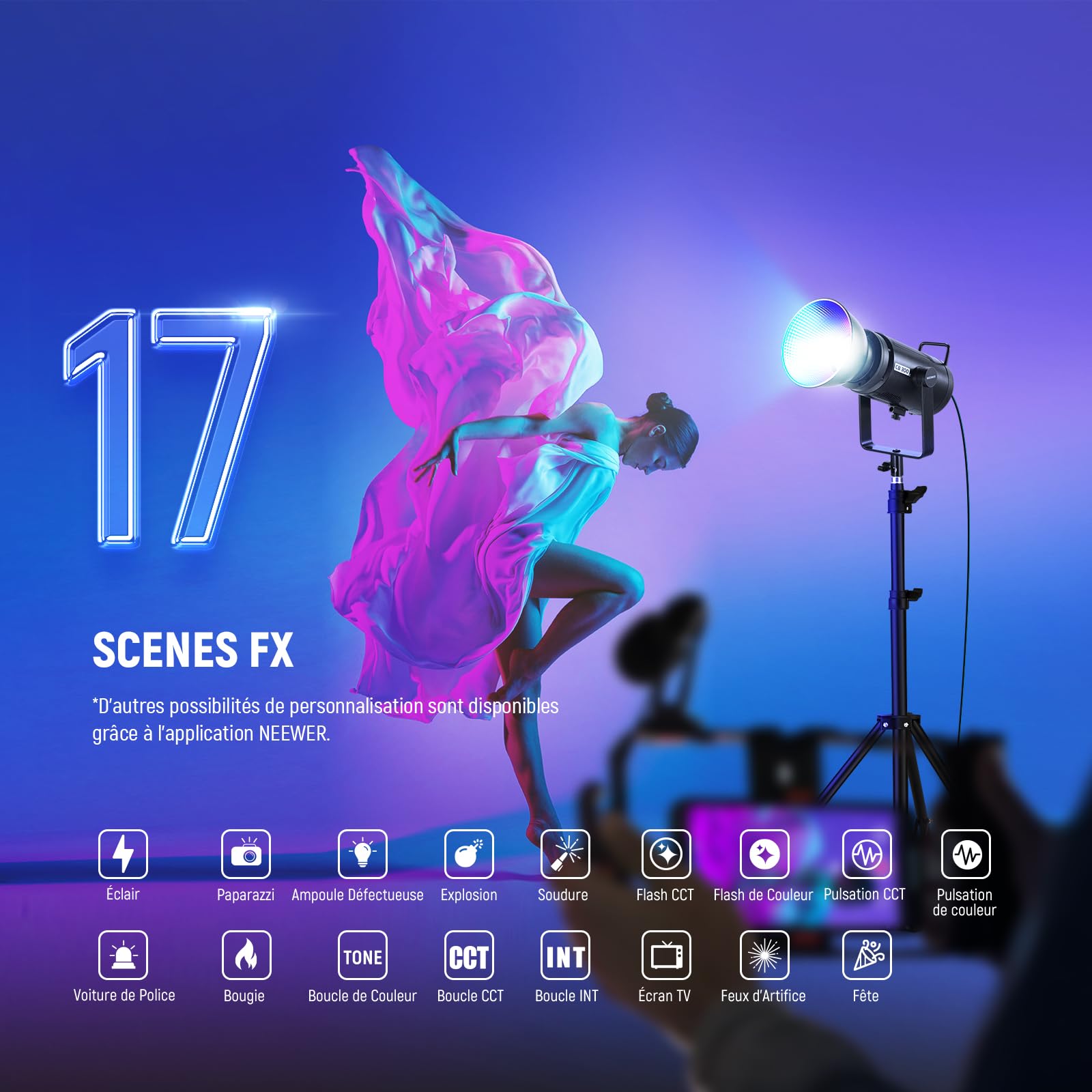 NEEWER CB300C 300W COB Video Light LED RGB avec Réflecteur, Contrôle APP/2,4G, 17 Scènes, 29600Lux/1m 2500-7500K CRI97+/TLCI97+ Éclairage Continu Couleur COB Bowens Réglable, pour Tournage en Studio