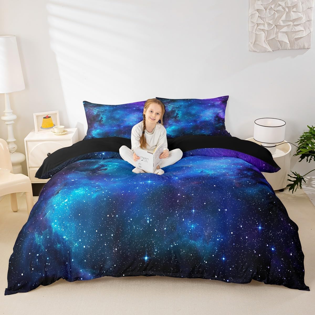 Purple Galaxy Comforter Cover Teal Moon Star Bedding Set Night Starry Sky Space Duvet Cover Nebula Cosmos Twinkling Stars Quilt Cover for Kids Boys Girls with 2 Pillow Cases Queen Size Navy Blue