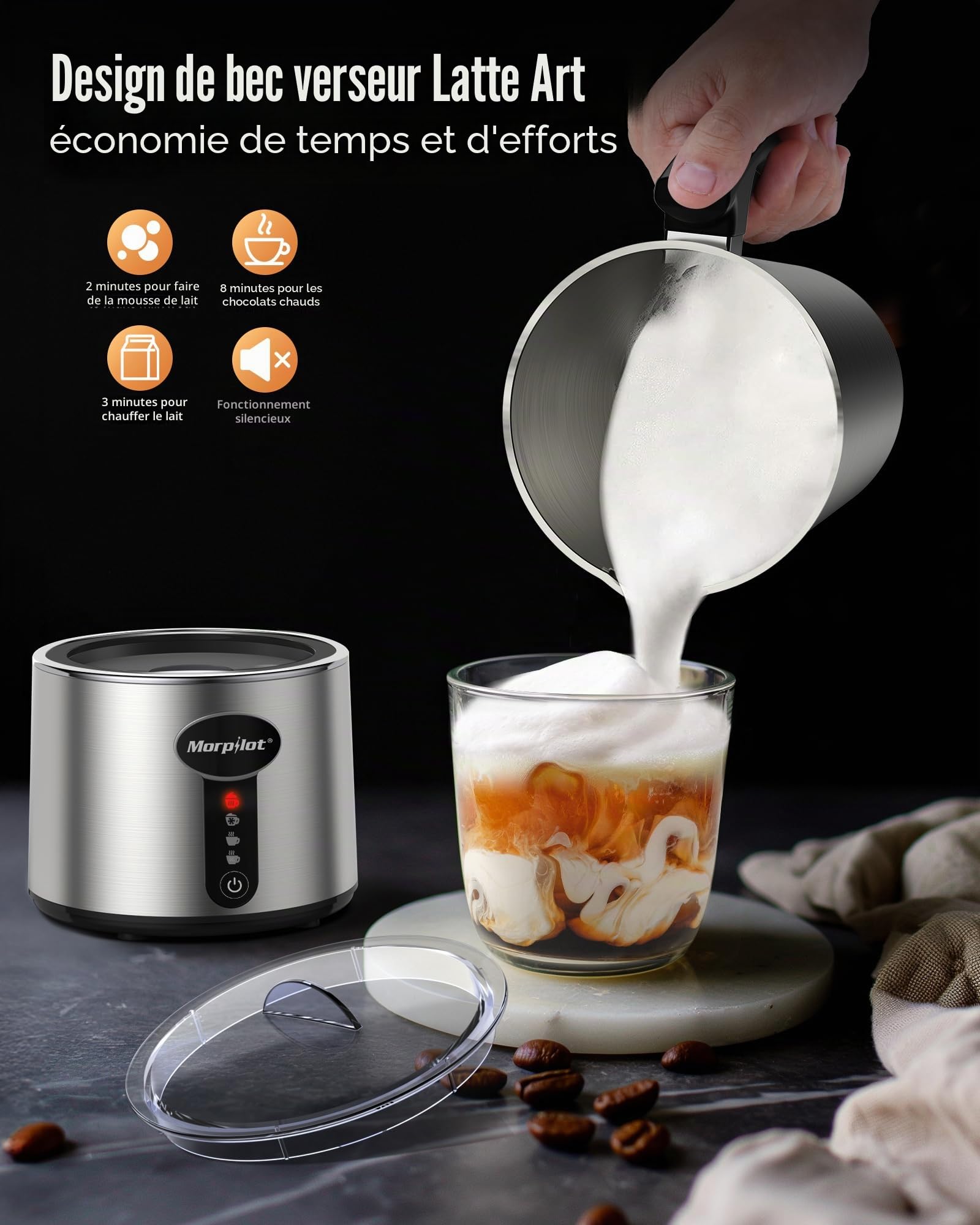 Morpilot Mousseur à Lait Électrique Divisé, 500ml Chauffe Lait, Milk Frother en Acier Inox 4 en 1 à Mousse de Lait Chaude et Froide 230ml, Emulsionneur de Lait pour Latte Cappuccino Macchiato