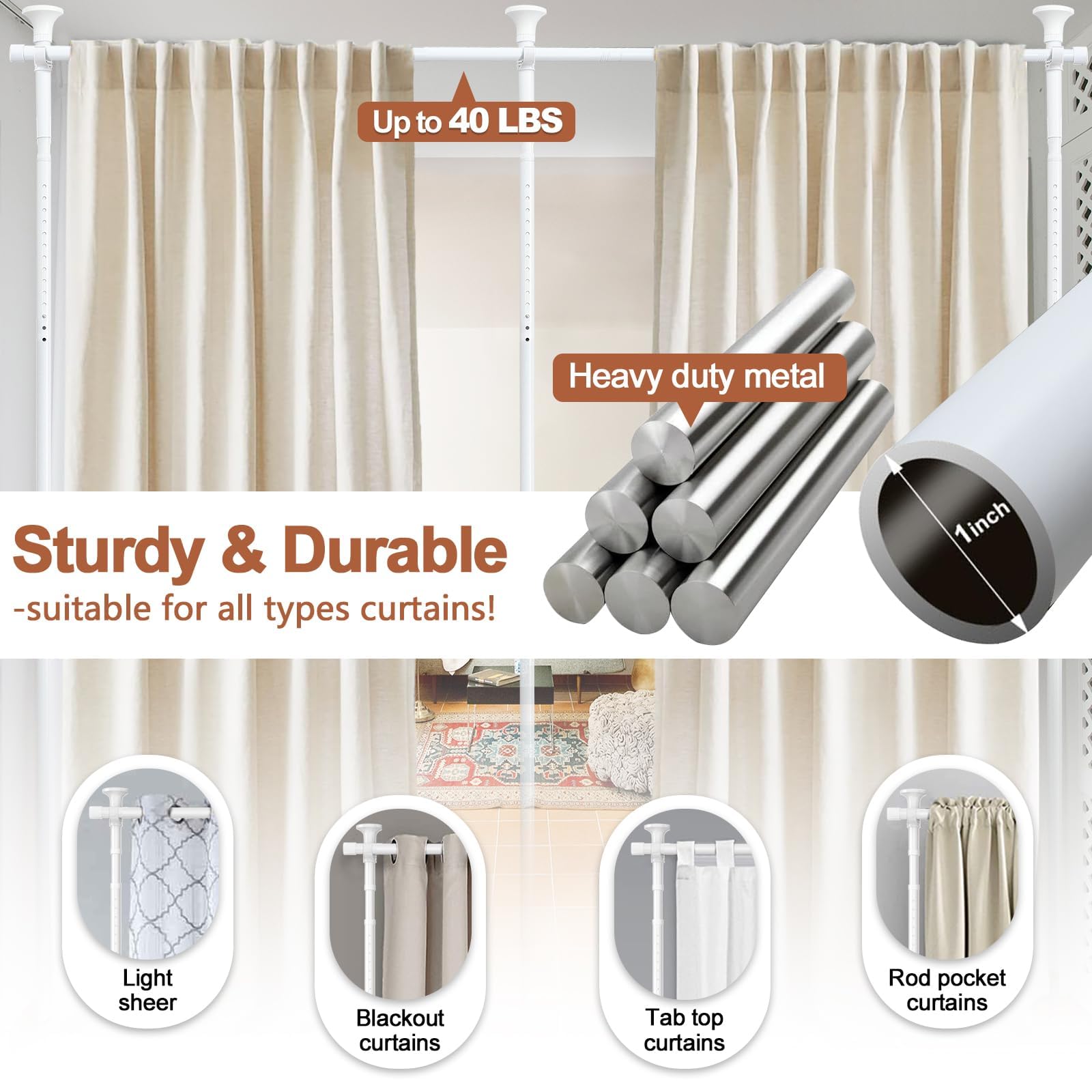 Meall Tringle à rideaux sans perçage pour salon, chambre à coucher ou bureau, 121 à 304 cm (L), 71 à 289 cm (l)