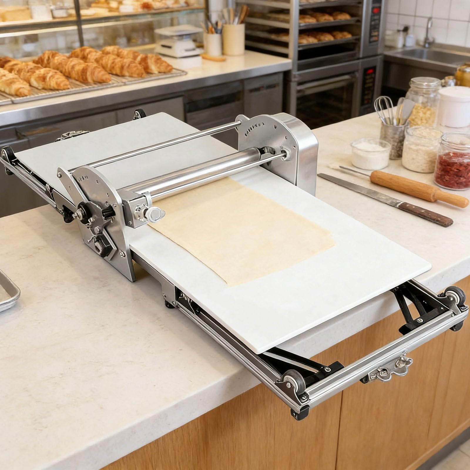 Commercial Dough Roller Sheeter, Electric Dough Laminator, Thickness Adjustable Dough Sheeter, Stainless Steel, Table Top Croissants Fondant Pizza Pastry Sheeter Machine