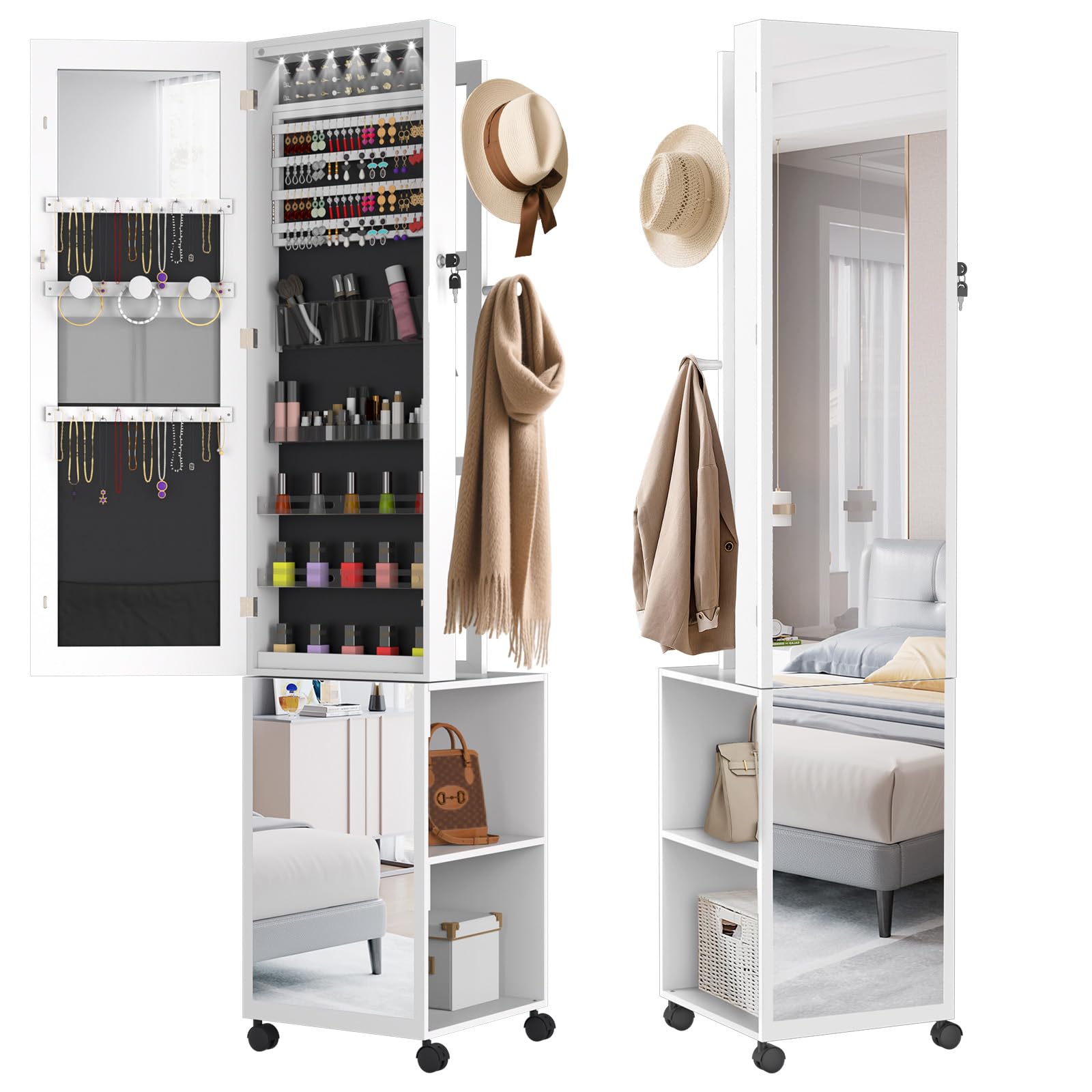 YRHome 5‑in‑1 Schmuckschrank mit Beleuchtung, Spiegelschrank Schmuckaufbewahrung 360° Drehbar mit 4 Rädern & abschließbaren Fächern, Schmuckorganizer mit Haken + beweglich Ganzkörperspiegel Weiß