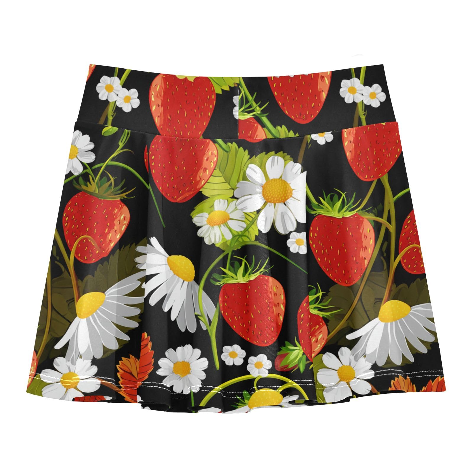 CHIFIGNO Tennis Skort for Girls Athletic Workout Skirt with Shorts Flowy Golf Skorts Red Strawberries White Daisies Black