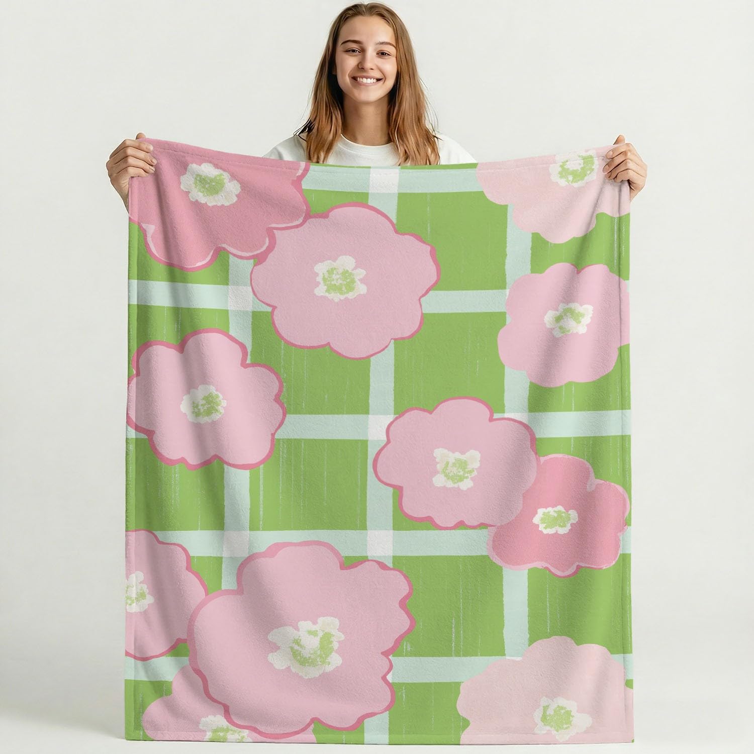 Koc flanelowy 180 cm x 200 cm miękki i lekki minimalistyczny wzór kreskówkowy kwiaty w kratkę dla dorosłych, zielony i różowy, idealny do dekoracji sofy