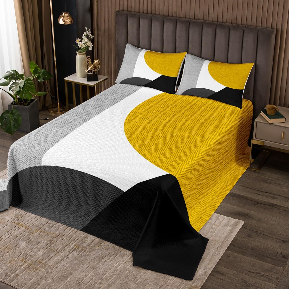 Geometria Juego de colcha Ragazzi Ragazze Giallo Nero Copriletto Per Bambini Cerchio Geometrico Triangolo Modello Trapuntato Copriletto Arte Astratta Trapuntato Decorazione Della Camera240x220cm