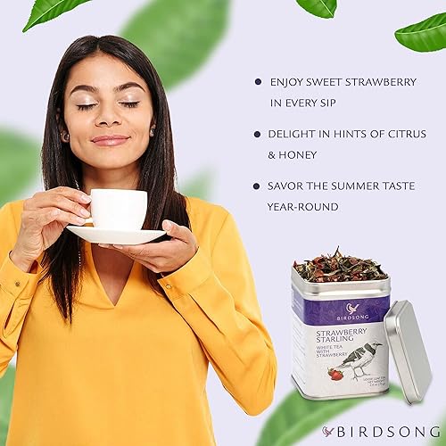 Miniatura 6 de Birdsong Estornino de fresa té blanco orgánico con esencia de fresa, sabroso y refrescante té de peonía blanca baja en cafeína con notas de fresa,