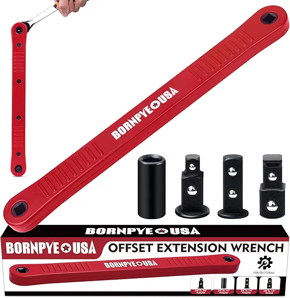 Bornpye Offset Extension Wrench Set, Impact Ready Socket Wrench Extender Tool with Versatile 1/4", 3/8", and 1/2" Square Drive Adapters (Red)
