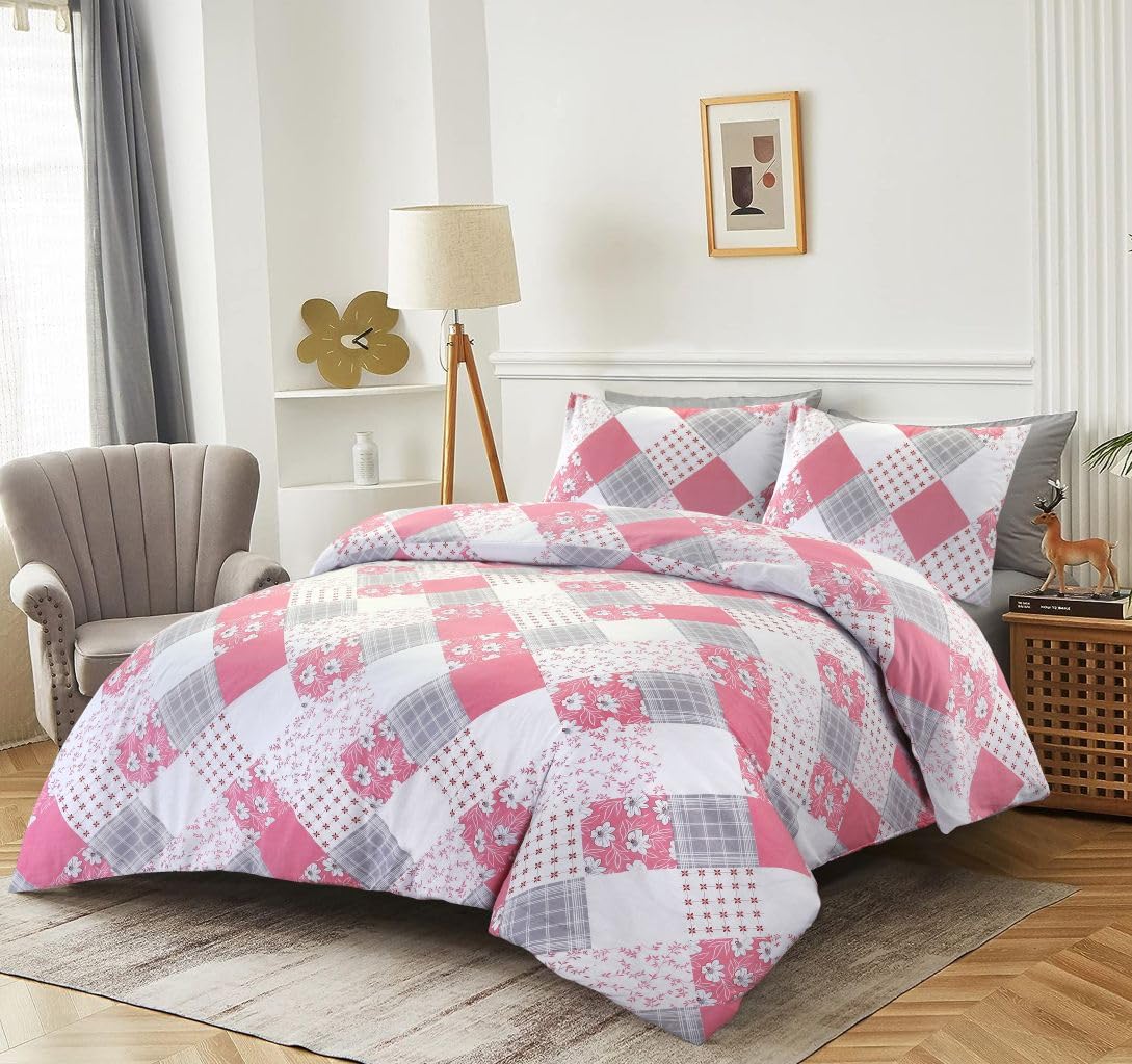 HOMES-LINEN Duvet Cover Set Polycotton Floral Patchwork – Soft & Breathable Bedding Set with Pillowcases – Reversible Floral & Checkered Design Eloise Easy Care Quilt Cover (Pink, Double)
