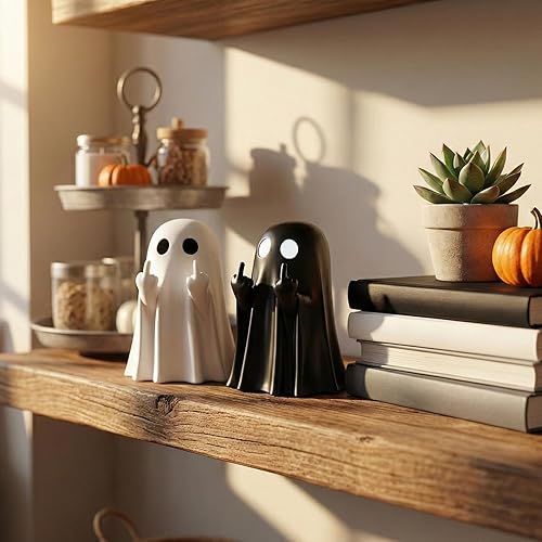 Miniatura 5 de 2 piezas de decoración de fantasma de Halloween, linda figura de fantasma de dedo, divertida decoración de estatua espeluznante de resina, estante