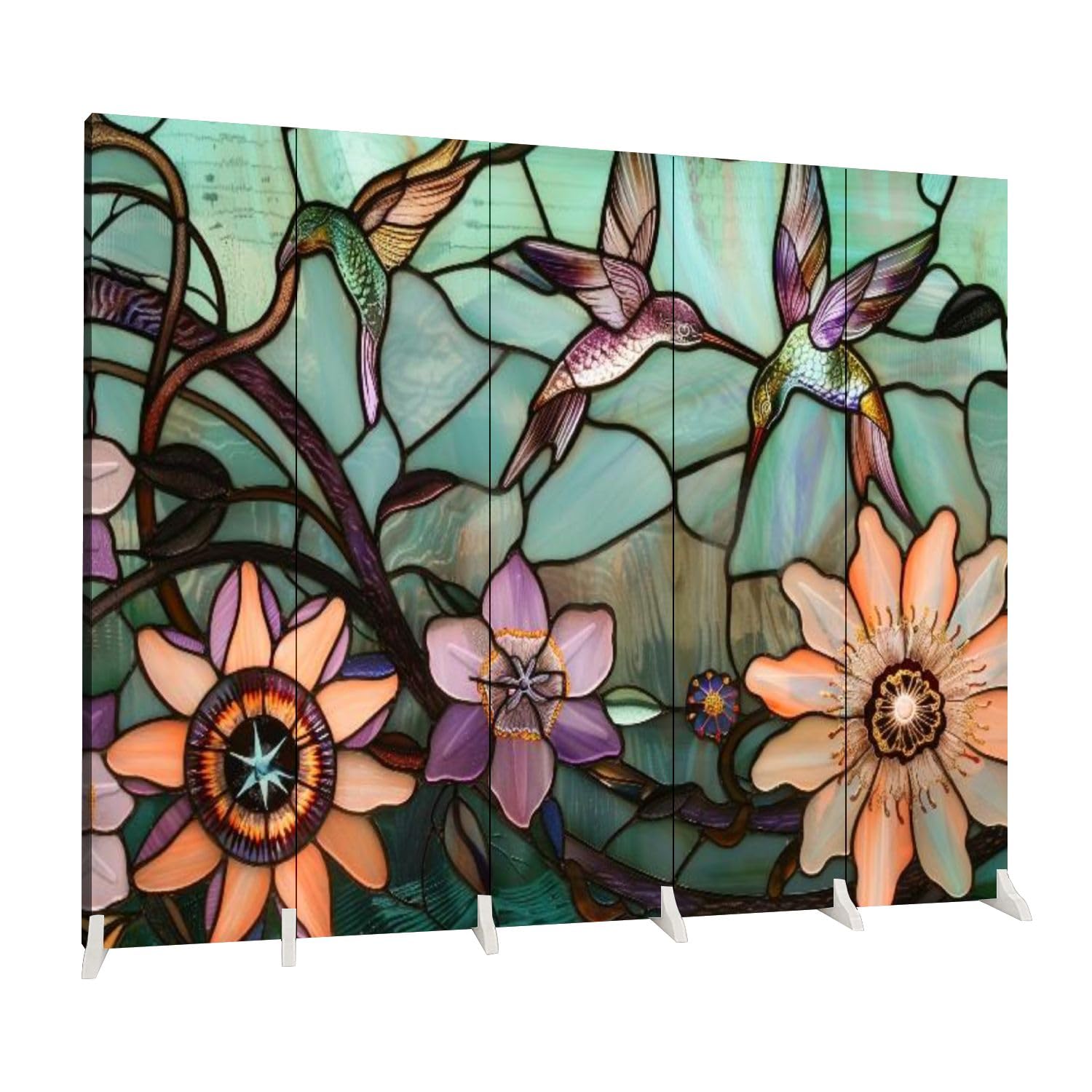 Decomonkey Paravento Divisorio Per Interni Buddha – 5 Pannelli 225x172 Cm, Tela In Fliselina Su Telaio In Legno, Design Orientale Fiori, Italiano