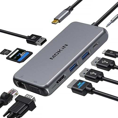 Adaptador multipuerto USB C tipo C para MacBook ProAir, adaptador Mac 10 en 1 con HDMI, Ethernet, VGA, puerto PD, 3 USB 3.0, lector de tarjetas SDTF