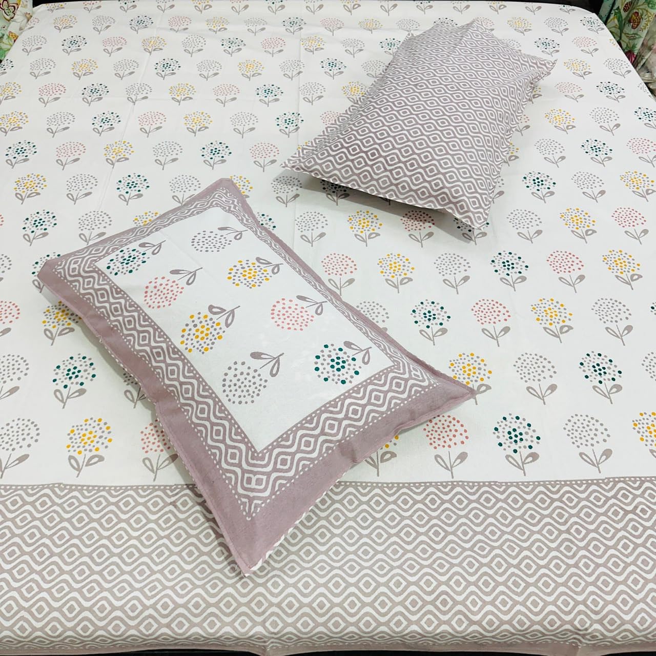 Cotton King Size Bedsheet with 2 Pillow Covers, 254 × 274 cm | 280 TC, Floral Print, Soft Breathable Fabric, White & Dusty Purple, 100% Cotton-image-49