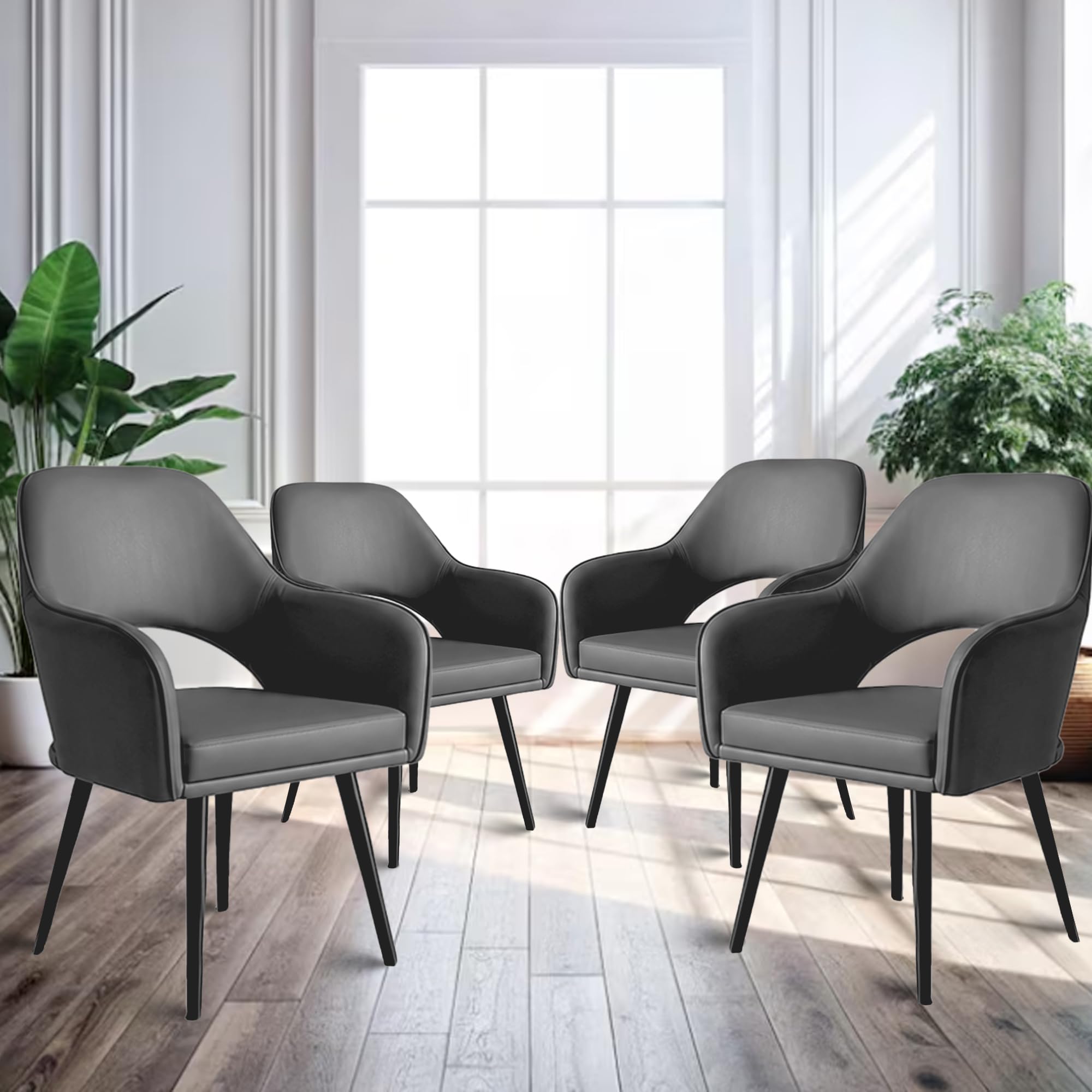 ROSE® Yuri Faux Leather Upholstered Arm Dining Chair, Cushion Seat, Wooden Frame, Metal Legs, Premium Accent Chair for Living Room, Bedroom, Dining Room, Cafe & Restaurant (Slate Gray, Set of 4)-image-13