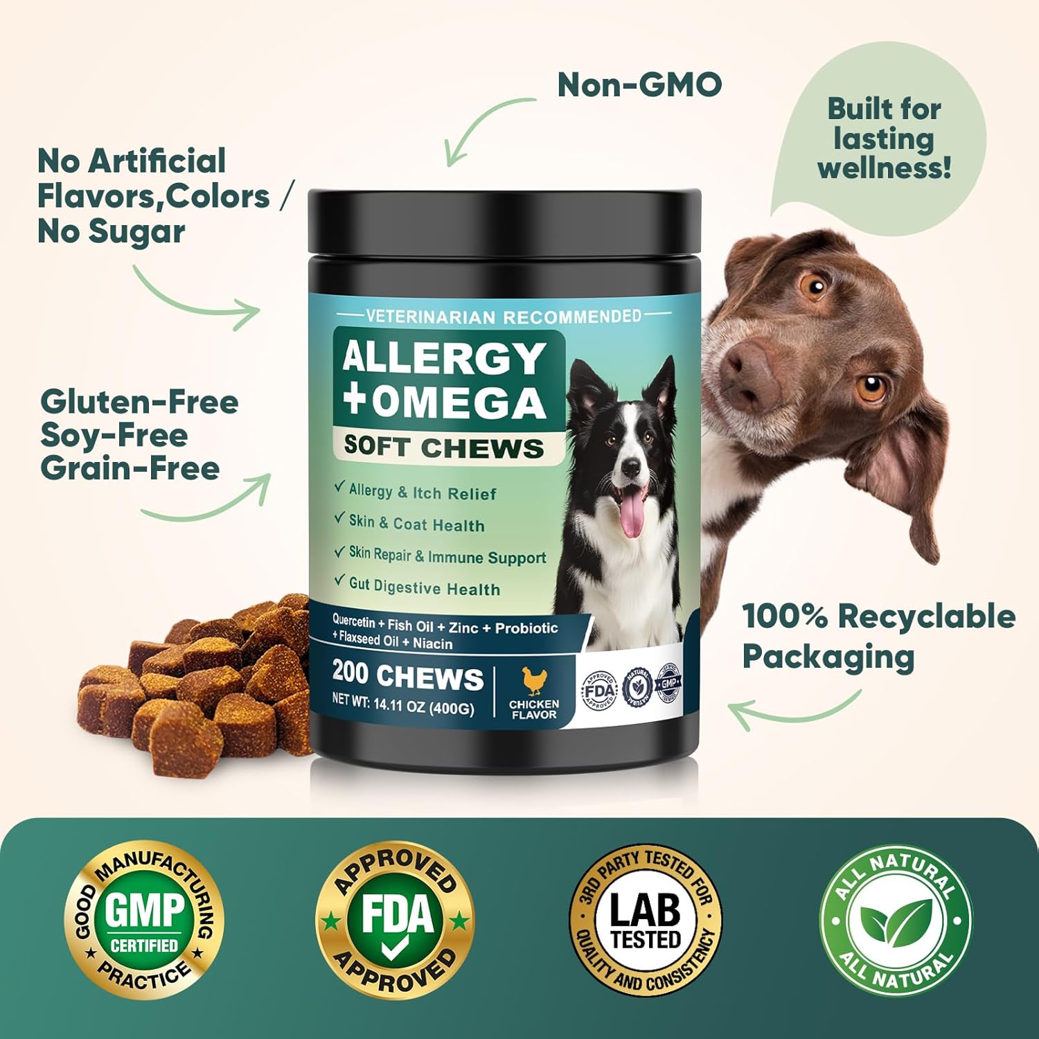 Dog Allergy Chews Omega 3 is Human,Itch Relief Multivitamin Medicine for Dogs Itching Skin Relief and Aller Immune Pet Allergy Dog Anti Itch Chews Coat Licking Supplements Pills Meds Medicine for Dogs
