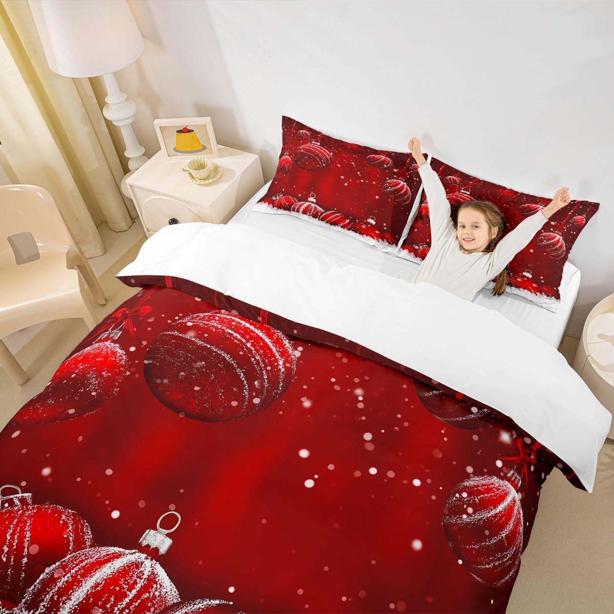 Christmas Bedding Set,Red Christmas Snowflake Duvet Cover for Kids Teens Boys Girls,Xmas Theme Comforter Cover Decorative Room,Winter Snowflake Quilt Cover with 2 Pillowcases,King Size(No Comforter)