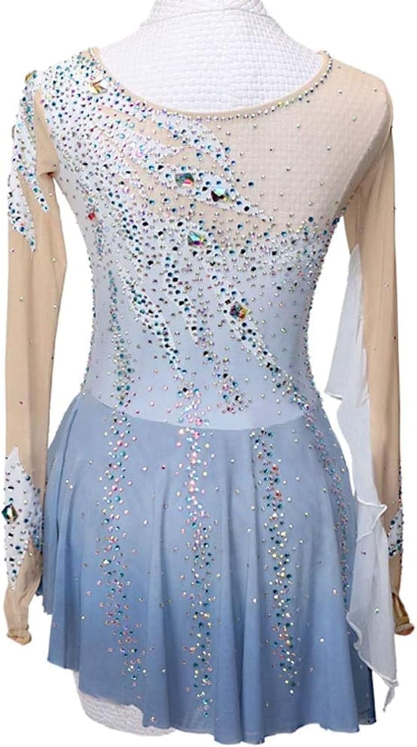 Figure Skating Dress Mesh Skirt Girls Round Neck Long Sleeve Gradient Breathable Competition Performance