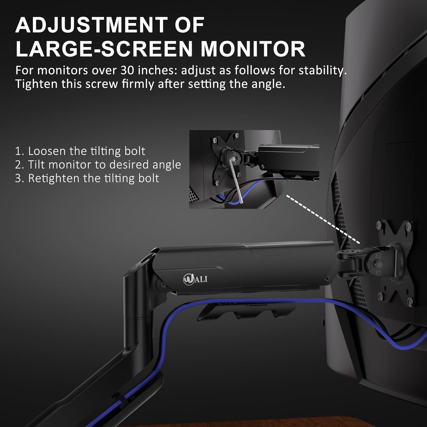 Instructions for adjusting the tilting bolt on the WALI GSM001XLN monitor arm for large screens.
