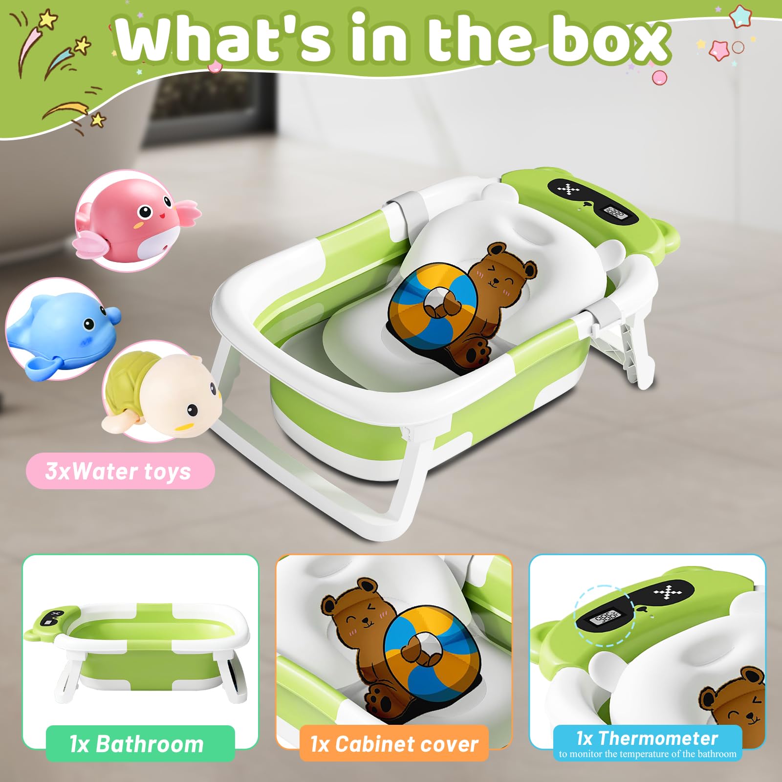 Baignoire Bébé Pliable avec Coussin de Bain et Thermomètre Intégré, Bouchon d'Évacuation, Vert Ours